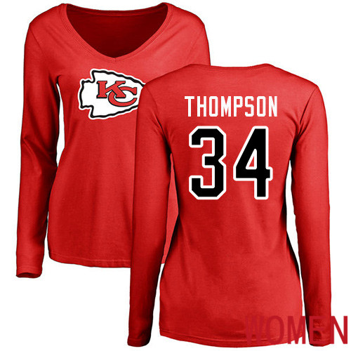 Women Football Kansas City Chiefs #34 Thompson Darwin Red Name and Number Logo Slim Fit Long Sleeve T-Shirt->kansas city chiefs->NFL Jersey